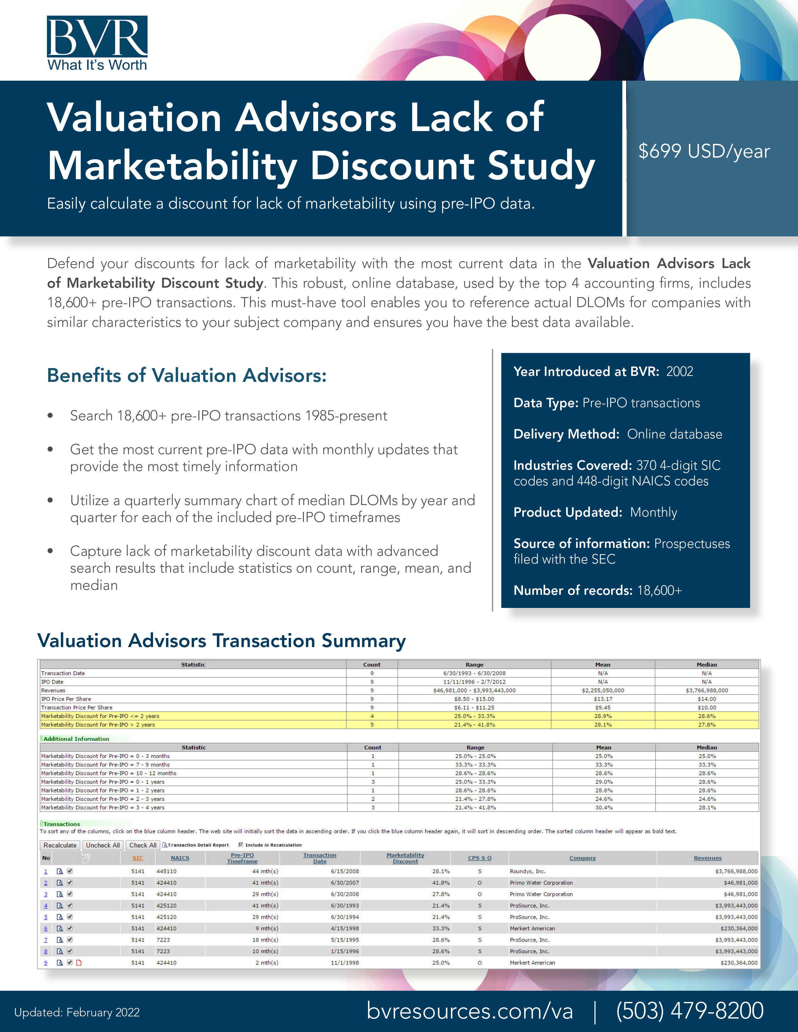 Valuation Advisors Product Spec Sheet COVER